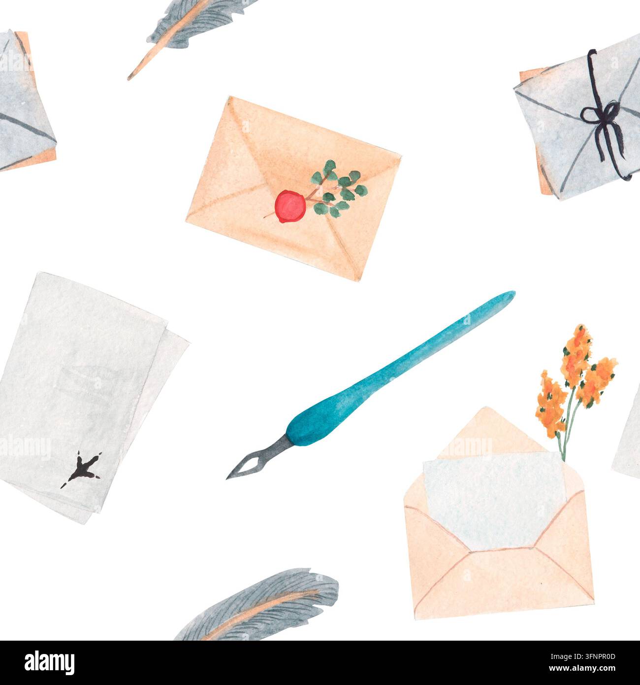 Busta kraft dipinta a mano ad acquerello con lettera. Ideale per cartoline postali, inviti, biglietti di auguri, carta da parati, tessuti. Motivo senza cuciture Foto Stock