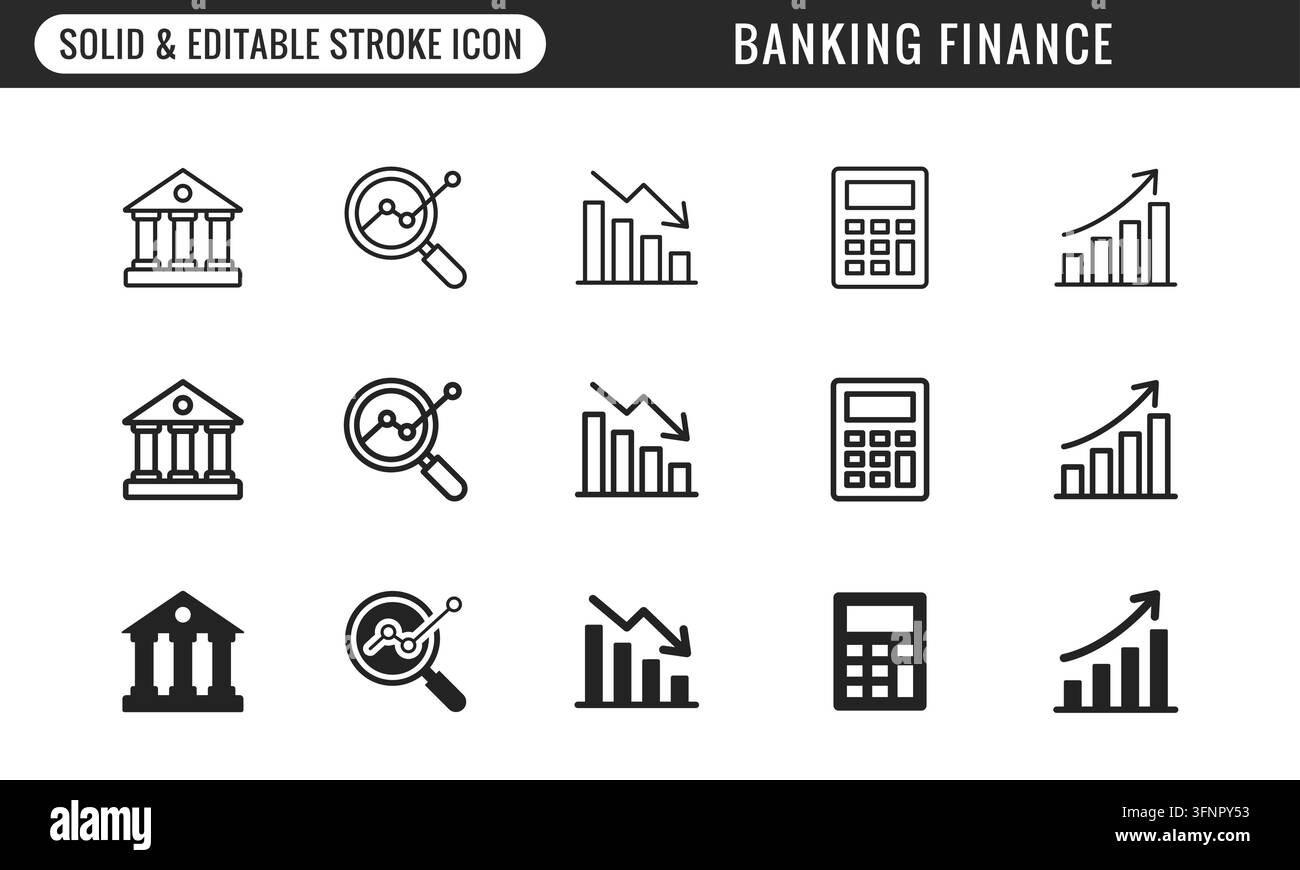 Set di icone per banche e finanza per pagamenti, investimenti, analisi, servizi commerciali e finanziari con tratto modificabile a linea Illustrazione Vettoriale