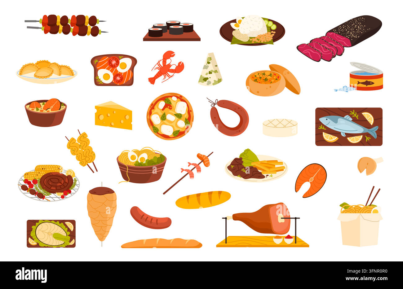 Collezione di icone di cibo internazionale con sushi, pizza, noodles, frutti di mare, carne, formaggio, pane, pasticcerie, pesce in scatola, dessert e piatti impiattati in una pulita illustrazione vettoriale in stile flat Illustrazione Vettoriale