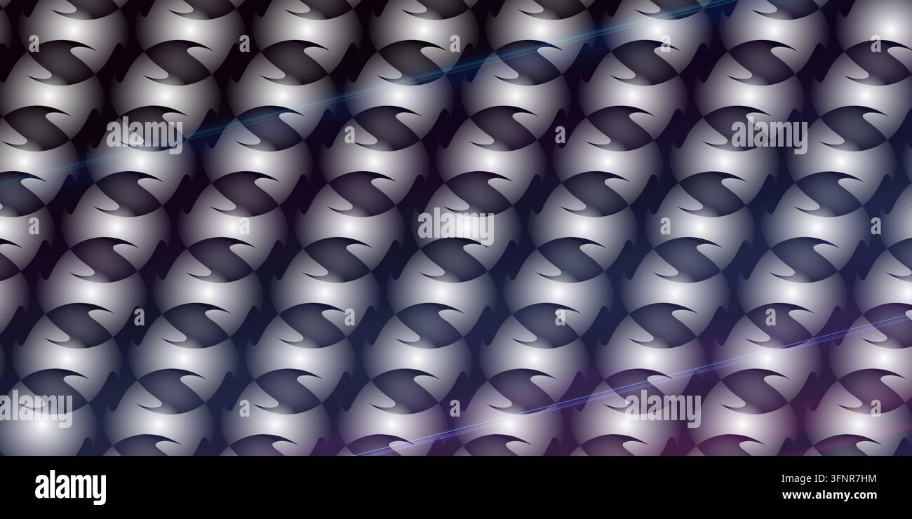 Una griglia ripetuta di oggetti sferici stilizzati metallici con uno sfondo viola scuro e riflessi di luce blu diagonali sparsi nella composizione. Foto Stock