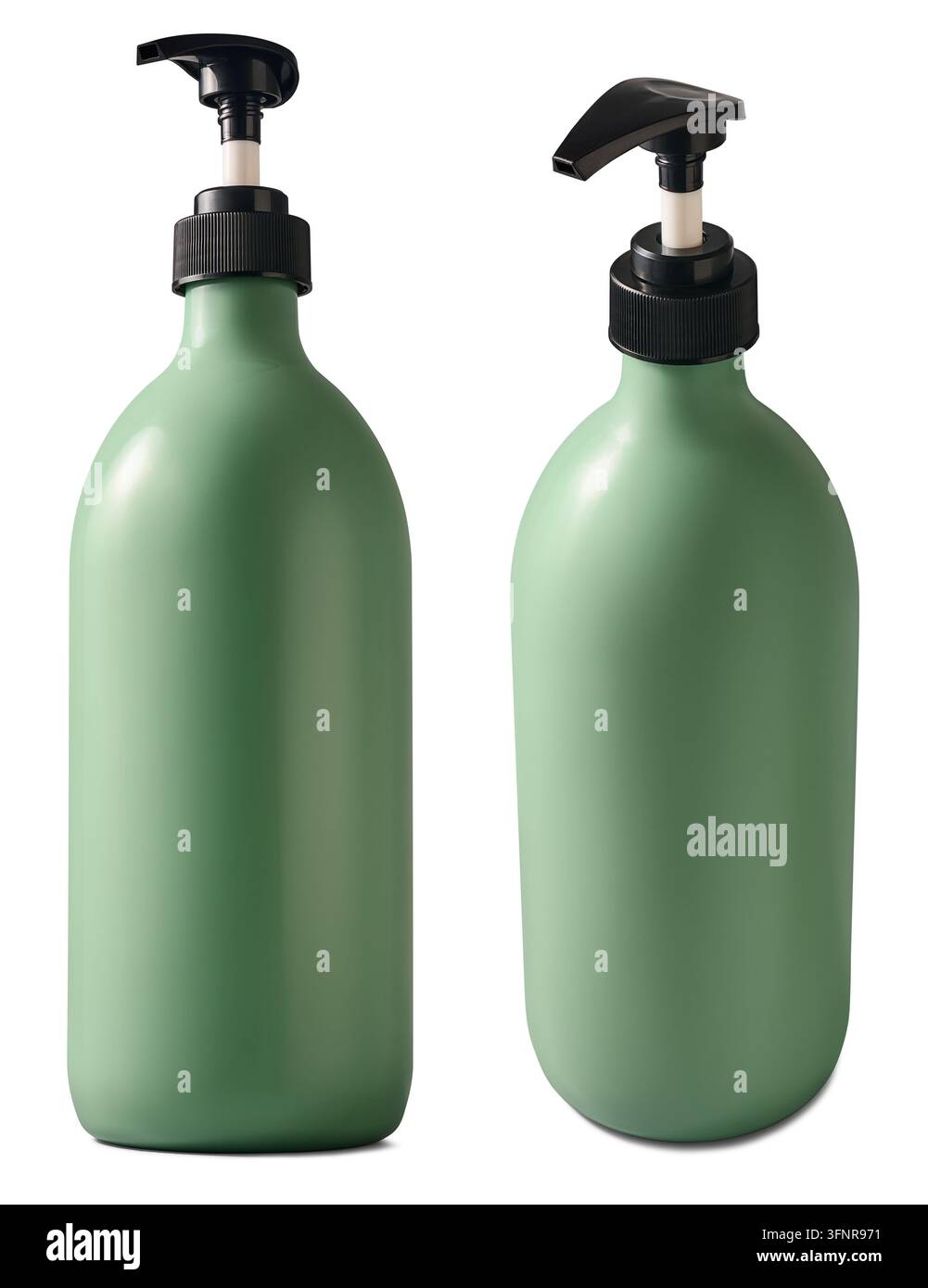 Bottiglie dispenser isolate su sfondo bianco, contenitori in plastica opaca, modello finto vuoto per imballaggi cosmetici Foto Stock