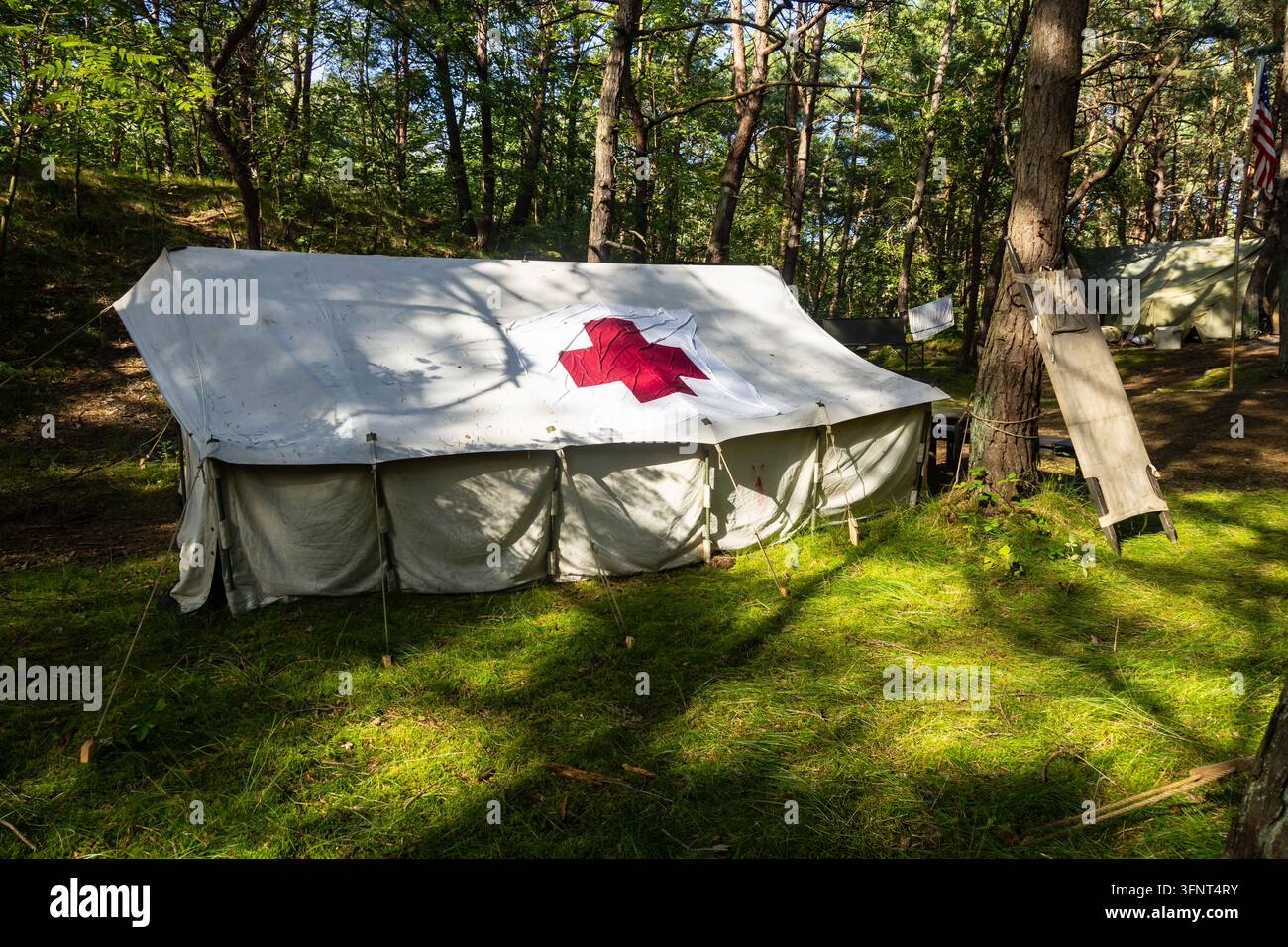Ricostruzione di un campo militare americano della Seconda Guerra Mondiale. Una tenda da ospedale da campo nella foresta Foto Stock