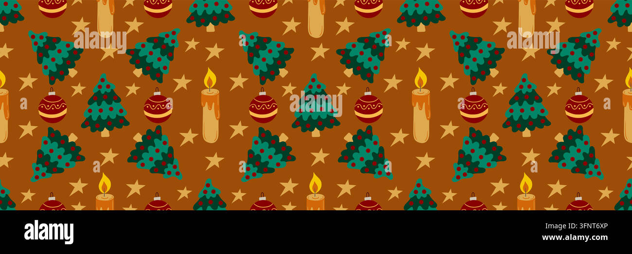 Motivo lungo natalizio in stile disegnato a mano. Alberi di Natale, decorazioni natalizie. Stampa Illustrazione Vettoriale