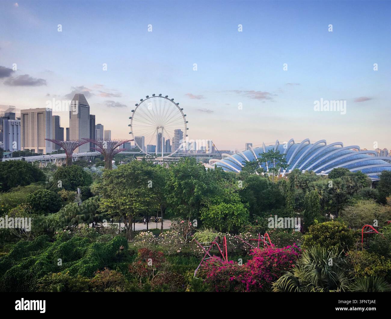 Lo skyline di Singapore presenta monumenti notevoli tra cui il Singapore Flyer, una gigantesca ruota panoramica, e gli iconici Superalberi a Gardens by the Bay. T Foto Stock