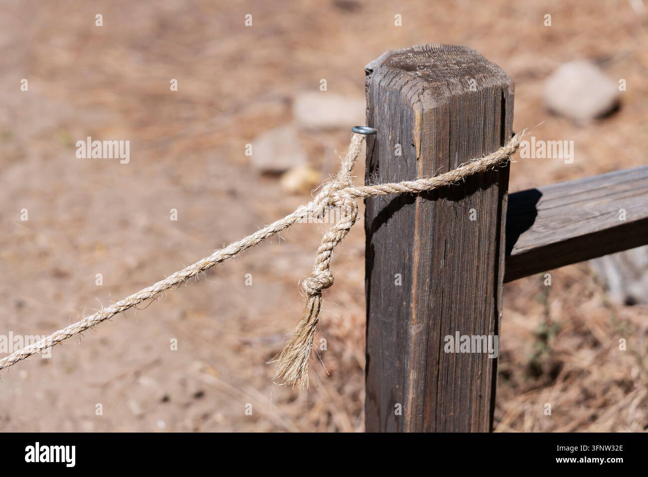 Corda di canapa legata a un palo di legno rustico Foto Stock