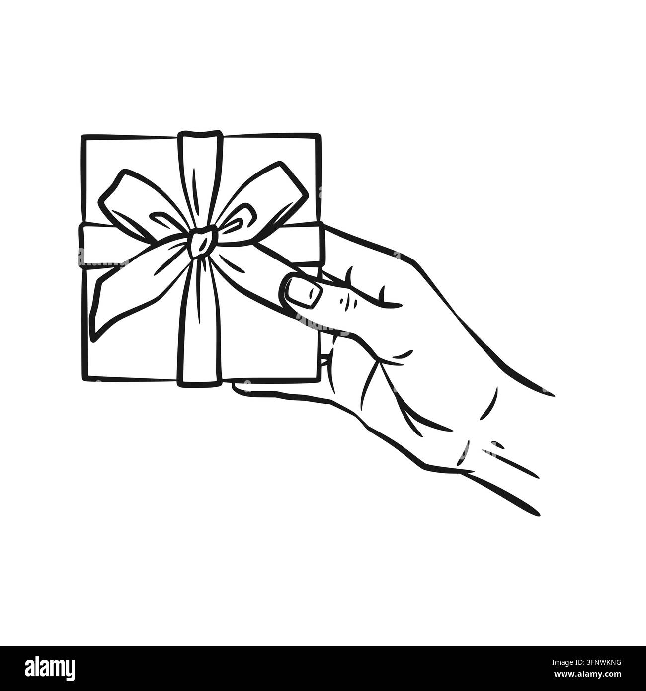 Disegno lineare bianco e nero pulito di una mano che tiene una scatola regalo avvolta legata con un fiocco. Perfetto per biglietti di auguri per le feste, offerte speciali e-commerce Illustrazione Vettoriale