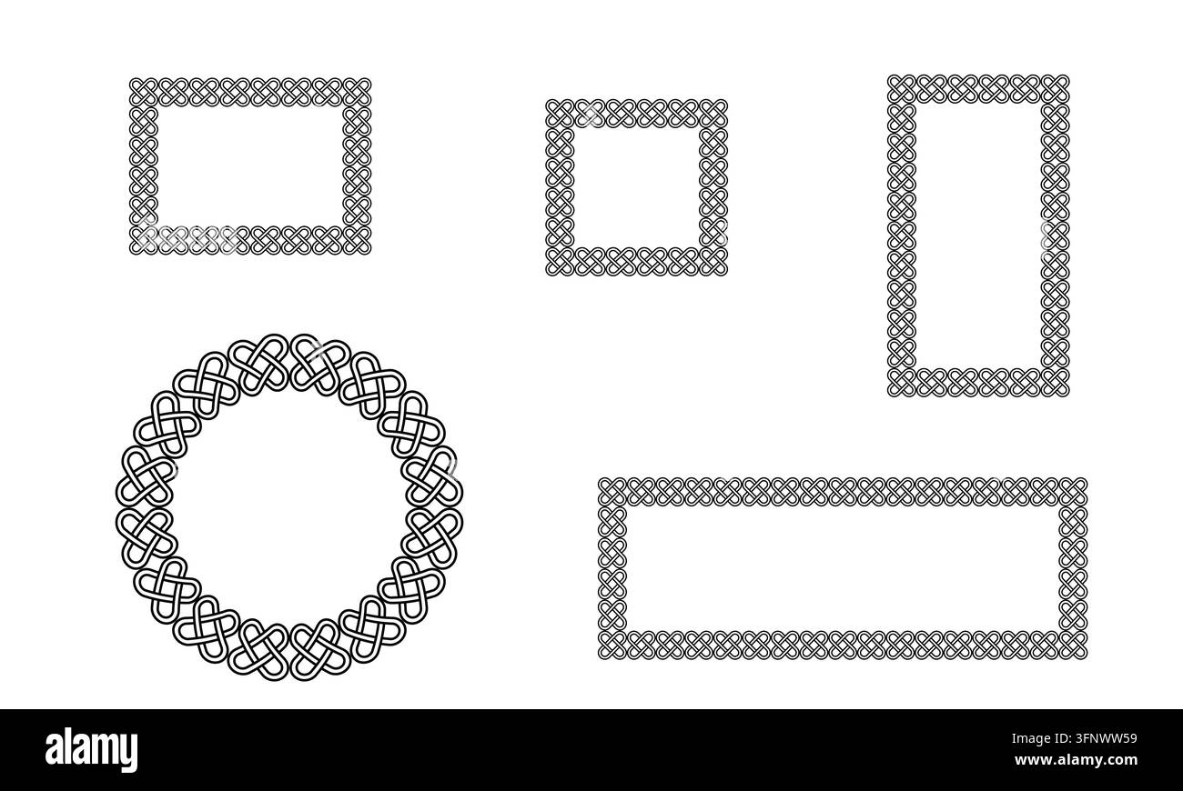 Collezione di cornici decorative a nodi celtici con diverse forme geometriche per il design digitale creativo e il layout di stampa Illustrazione Vettoriale