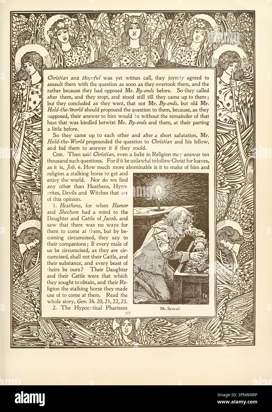 Pagina illustrata storica del libro di John Bunyan, "The Pilgrim's Progress from This World to That Which Is to Come", con l'illustrazione inserita con didascalia "Mr. Save-all." Il bordo ornato in stile Art Nouveau e il testo della pagina sono illustrati dai tre fratelli Rhead: George Woolliscroft Rhead, Frederick Alfred Rhead e Louis Rhead. Illustrato dai tre fratelli Rhead: George Woolliscroft Rhead, Frederick Alfred Rhead e Louis Rhead per "The pilgrim's progress from this world to that which is to come" di Bunyan, John, 1628-1688 Foto Stock