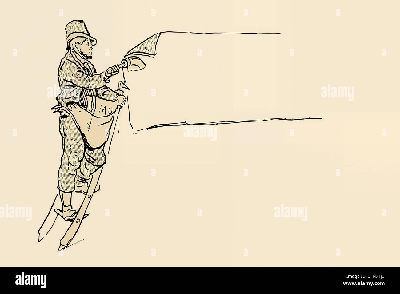 Illustrazione storica di un uomo parigino in abiti a strati e con un cappello, in piedi su una scala mentre incolla un grande manifesto o un avviso su un muro. Tiene in mano un pennello a manico lungo e un secchio di colla. La scena raffigura la pubblicità stradale tradizionale e il lavoro manuale nel Parigi del XIX secolo. Foto Stock
