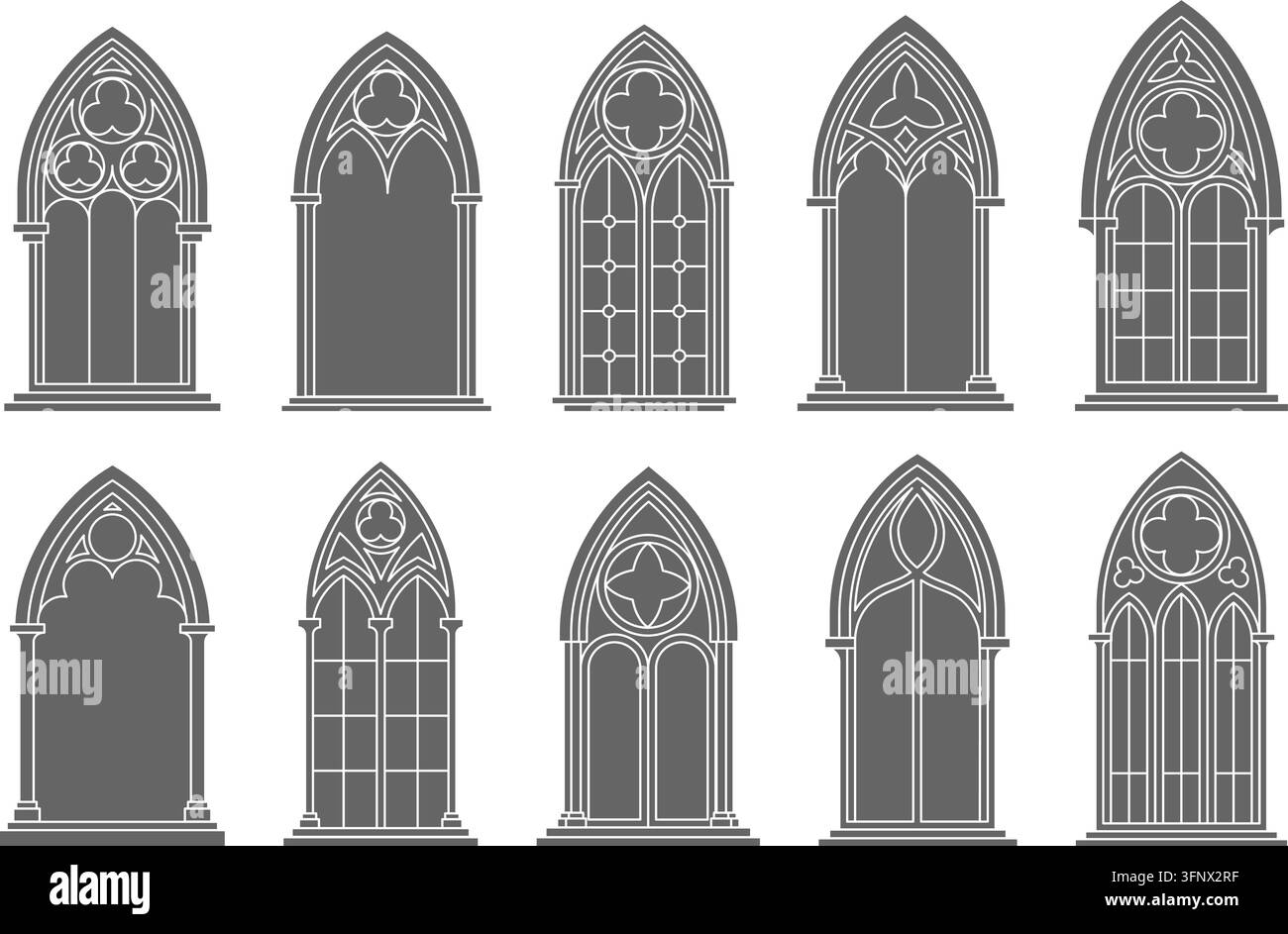 Arco in vetro di cattedrale medievale con silhouette di finestre gotiche. Motivo di cornice chiesa ornato. Architettura vetrata vintage per interni classici Illustrazione Vettoriale