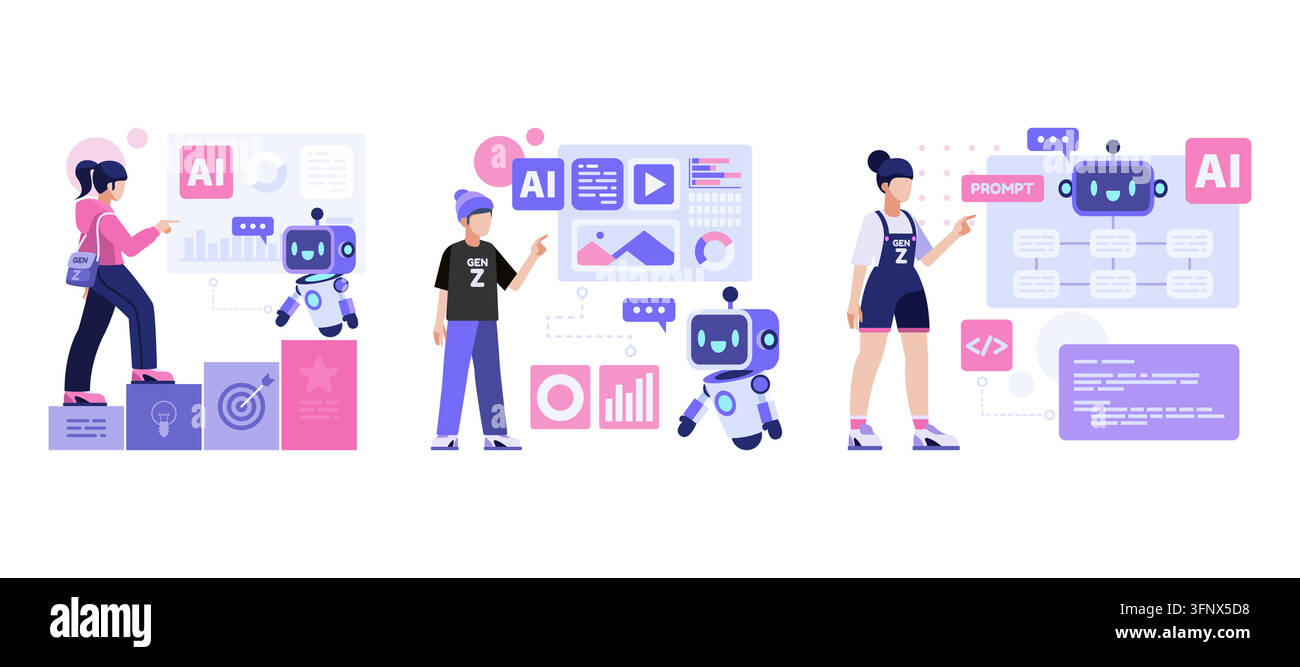 Gen Z che lavora con tecnologia IA, dashboard digitale e assistente robotico Illustrazione Vettoriale