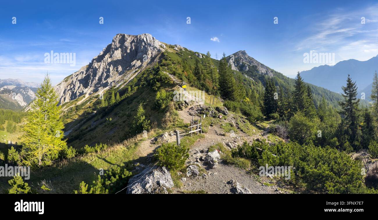 Vista panoramica della cima montuosa Hochturm nella regione di Hochschwab, Stiria, Austria. Scogliere rocciose ripide coperte di alberi decidui in vivaci colori autunnali. W Foto Stock