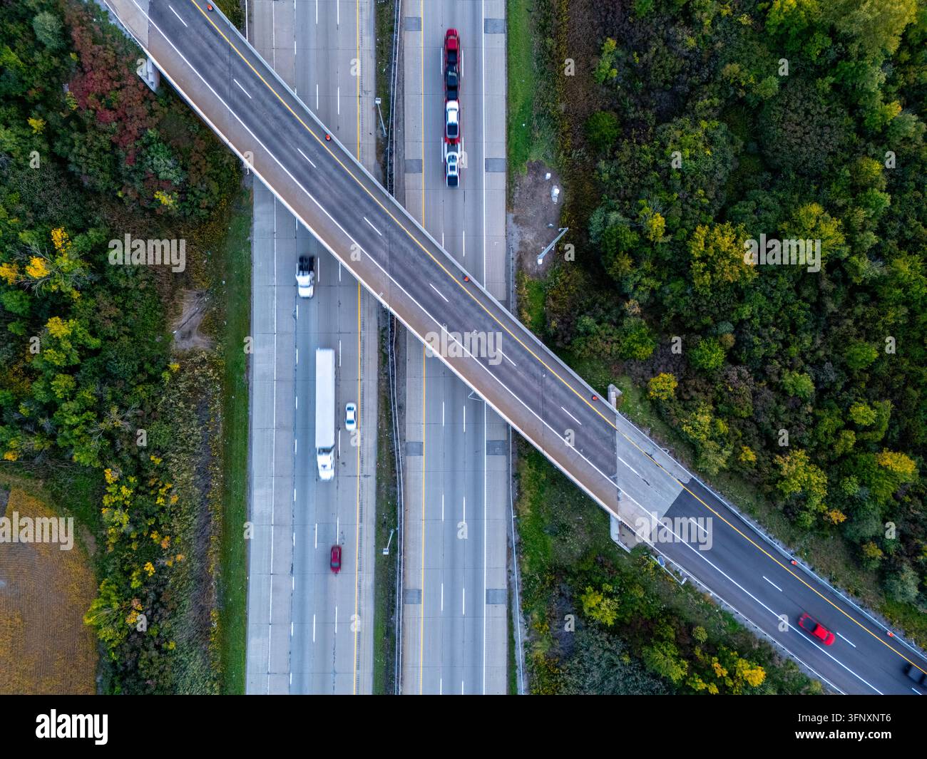 Vista aerea dell'incrocio dell'autostrada I-75 con veicoli che percorrono le corsie asfaltate circondate da una fitta vegetazione autunnale a Monroe, Michigan, Stati Uniti Foto Stock