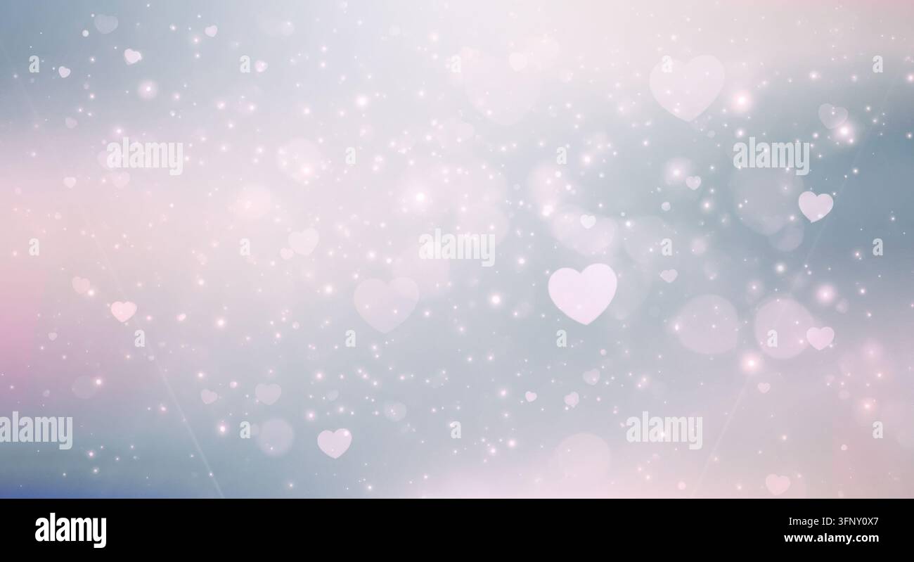 Sfondo astratto con cuori luminosi, morbido bokeh e stelle scintillanti, perfetto per temi romantici e celebrazioni. Foto Stock