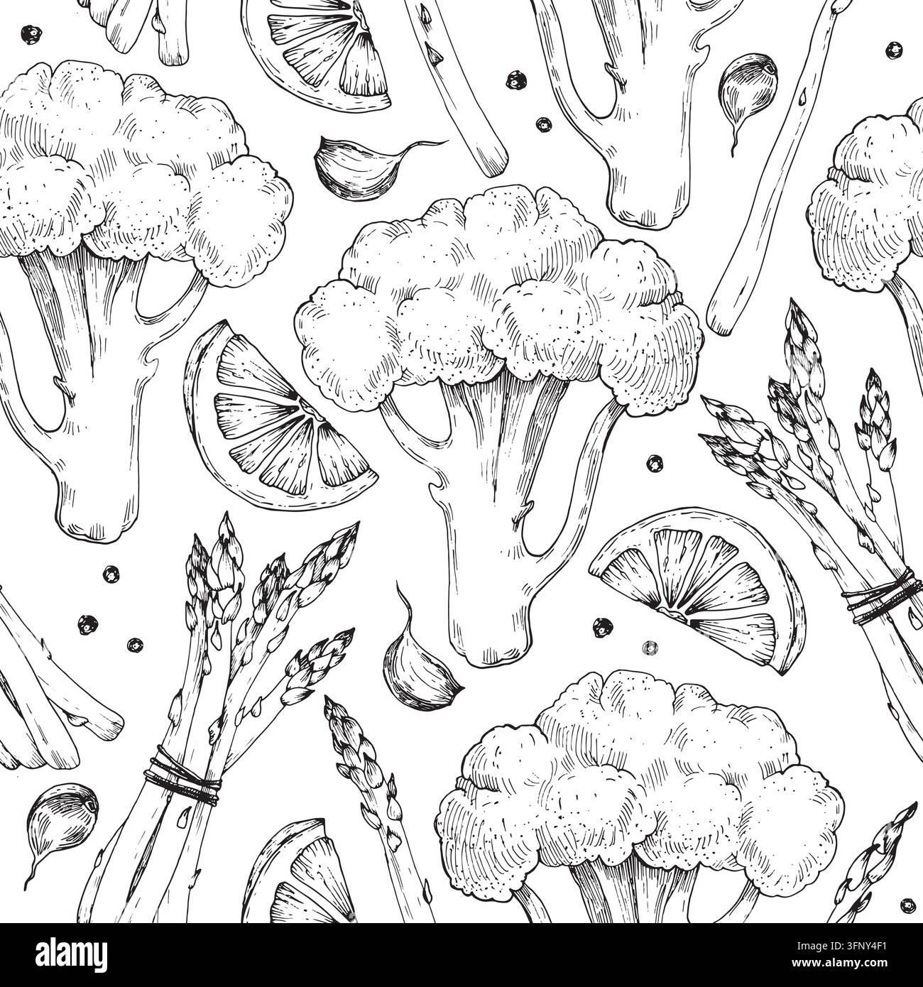 Modello senza cuciture con asparagi, broccoli, aglio, limone, pepe e rosmarino disegnati a mano con inchiostro. Illustrazione Vettoriale