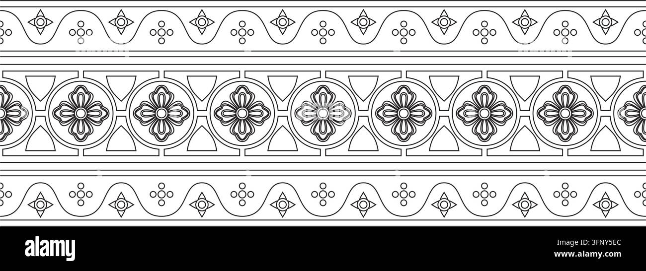 Bordo gotico nero a contorno vettoriale. Ornamento medievale europeo. Motivo classico dei Tedeschi, degli Angli, dei Sassoni, dei Franchi. Illustrazione Vettoriale