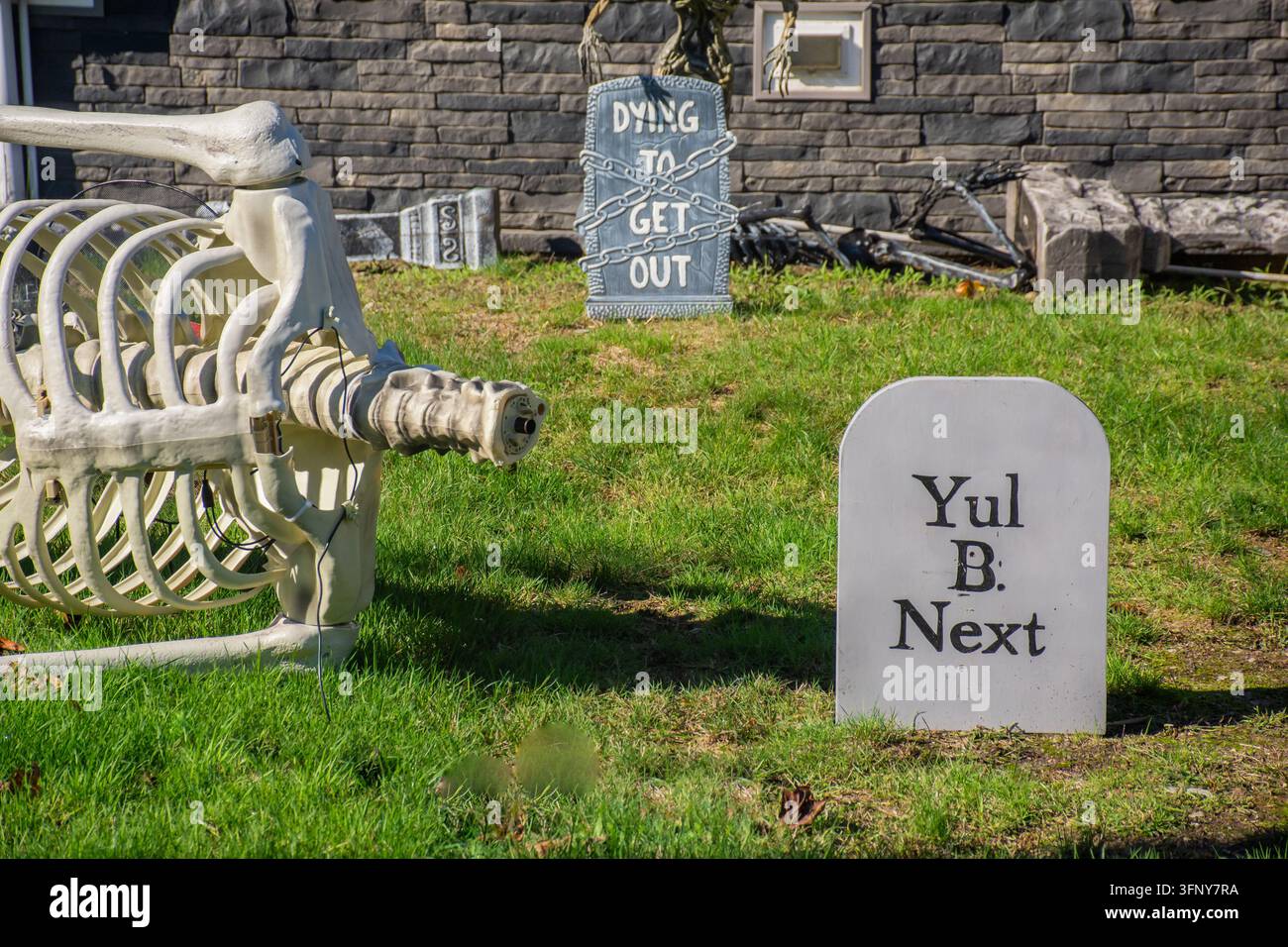 Un prato di fronte a una casa ha decorazioni spaventose per Halloween, tra cui uno scheletro. Foto Stock