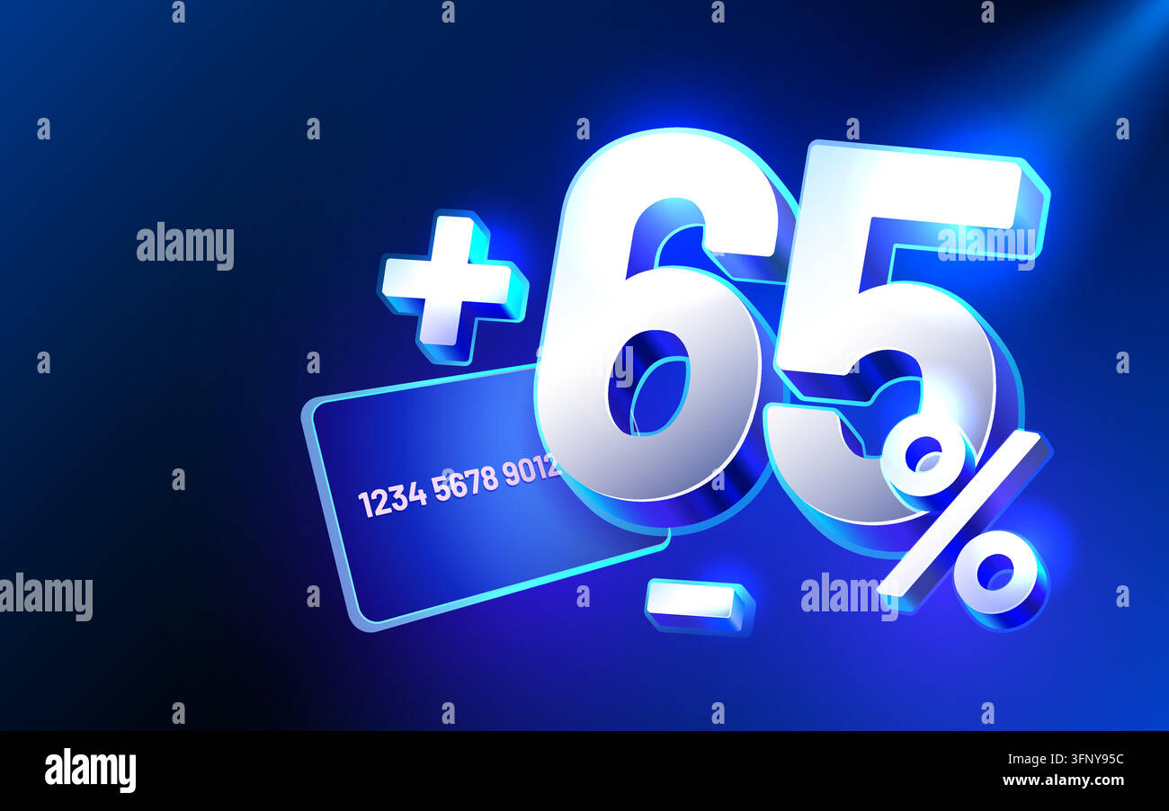 65 percentuali luminose in 3D e carta di credito su uno sfondo blu moderno, perfetto per le promozioni finanziarie. Illustrazione vettoriale. Illustrazione Vettoriale