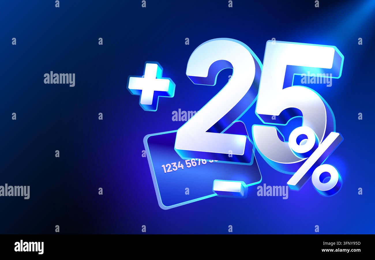 Offerta bonus di 25 luminosa e moderna con una carta di credito su uno sfondo blu brillante. Illustrazione vettoriale. Illustrazione Vettoriale