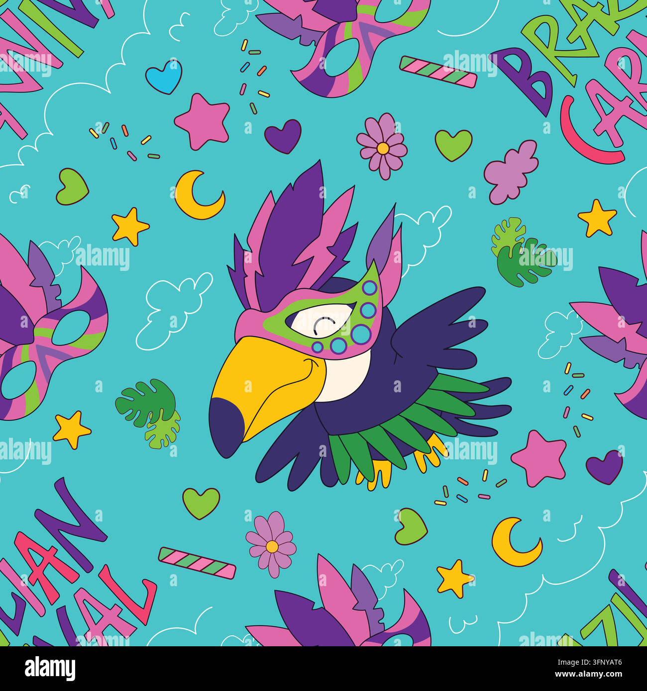 Maschera di carnevale brasiliana con piume di tucano modello senza cuciture illustrazione vettoriale blu. Testa di tucano carina con maschere colorate di piume da carnevale testo lette Illustrazione Vettoriale