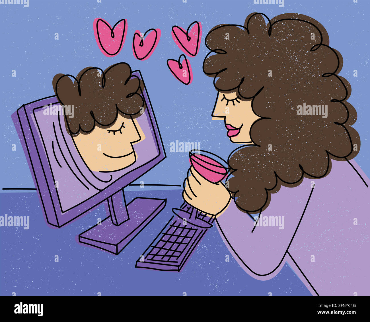 Illustrazione vettoriale di coppia innamorata in relazione a distanza durante una videochiamata online. Donna seduta davanti allo schermo del computer che beve vino e parla con il partner virtualmente da Illustrazione Vettoriale