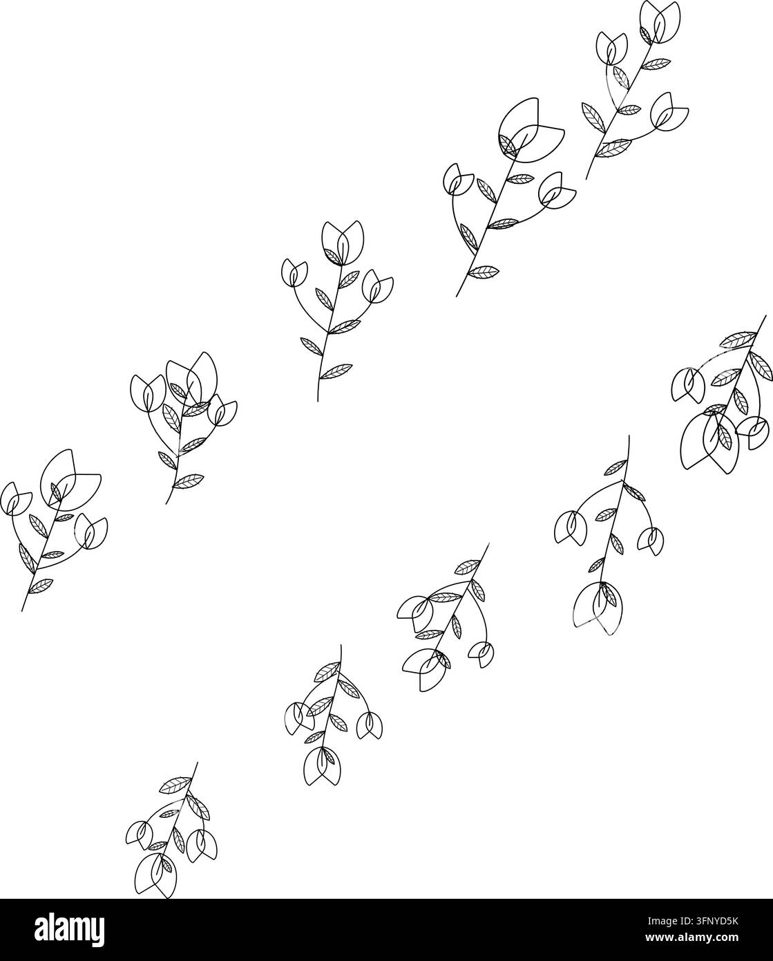 Semplici disegni a contorno nero di vari rami frondosi disposti in diagonale su uno sfondo bianco pulito. Illustrazione Vettoriale