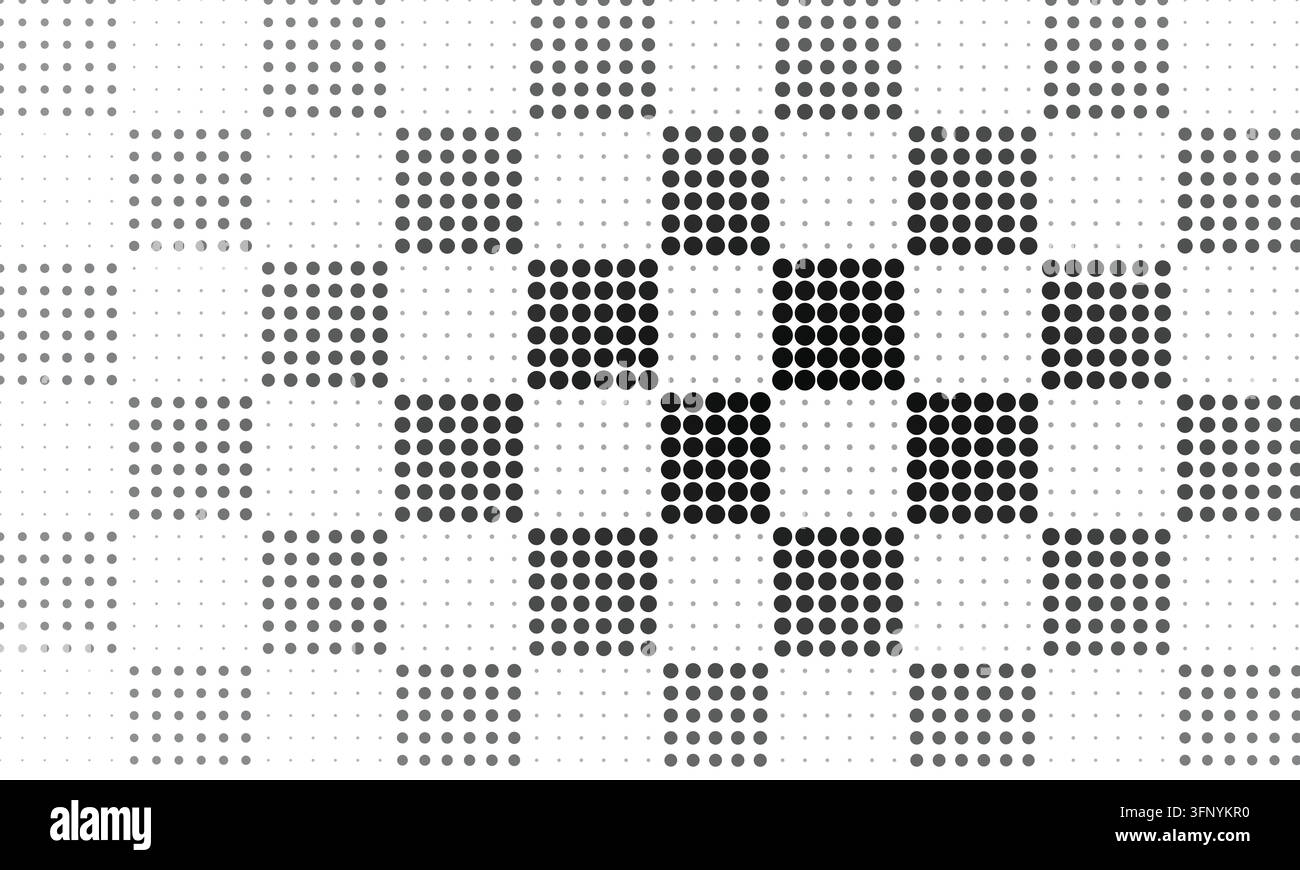 Disposizione geometrica di punti in scala di grigi che creano forme quadrate ed effetto sfumato su una superficie bianca pulita. Illustrazione Vettoriale