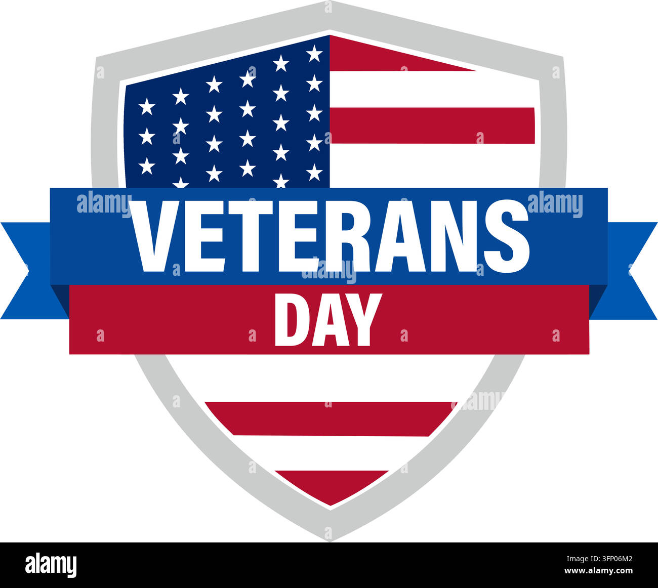 Emblema del giorno dei veterani con scudo della bandiera americana e banner con nastro blu Illustrazione Vettoriale