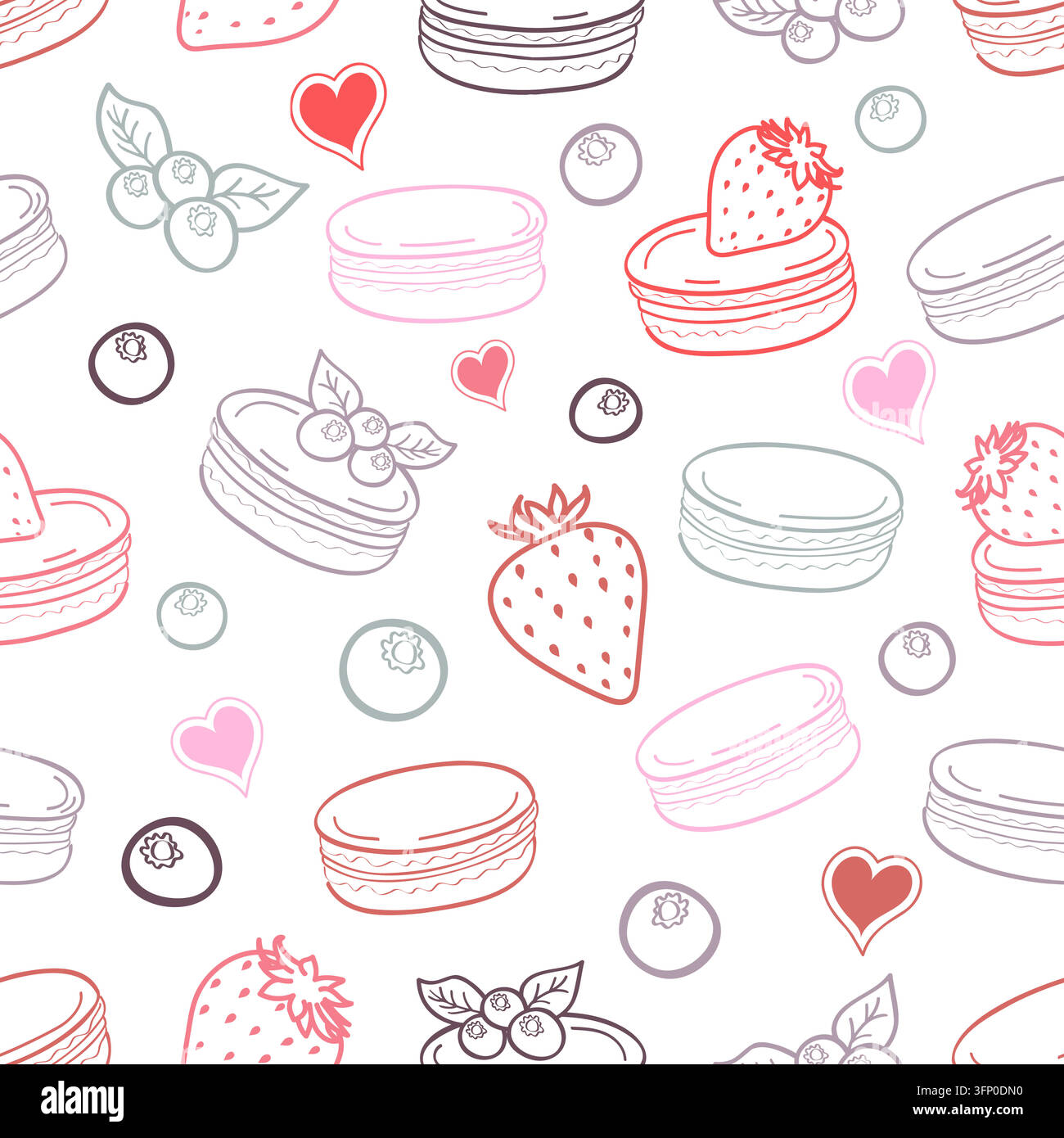 Biscotti Macaron Doodle e motivo senza cuciture con bacche Illustrazione Vettoriale
