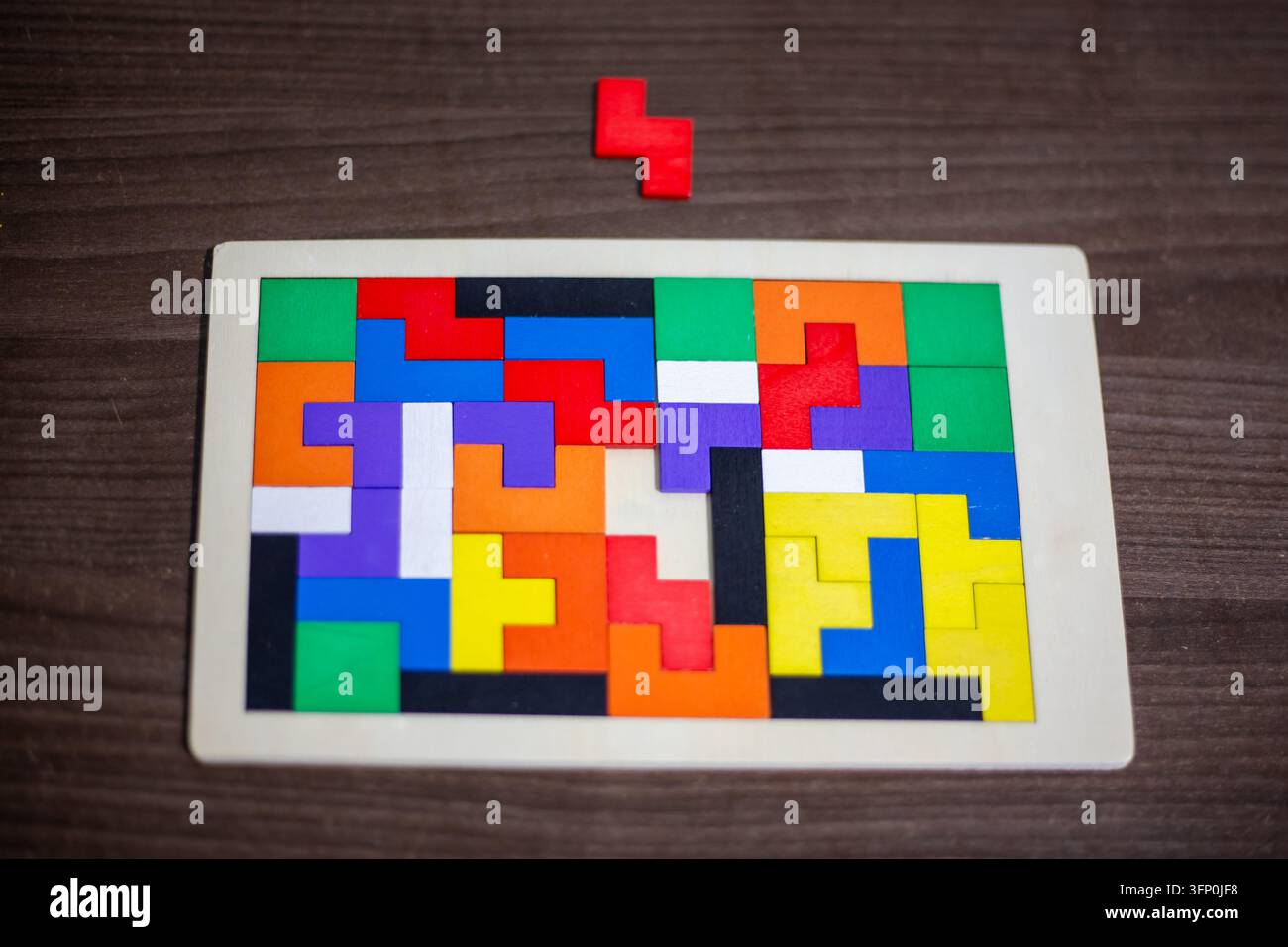 Una vista dall'alto di una tavola di puzzle pentomino in legno colorata con un singolo pezzo rosso all'esterno. Disposizione di gioco di allenamento spaziale logico intellettuale. Hobby lei Foto Stock