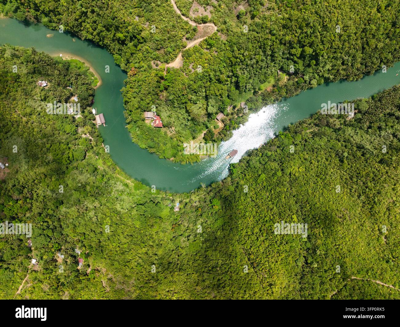 Una vista aerea cattura il fiume verde Loboc mentre serpeggia attraverso una fitta foresta tropicale. Bohol, Filippine Foto Stock