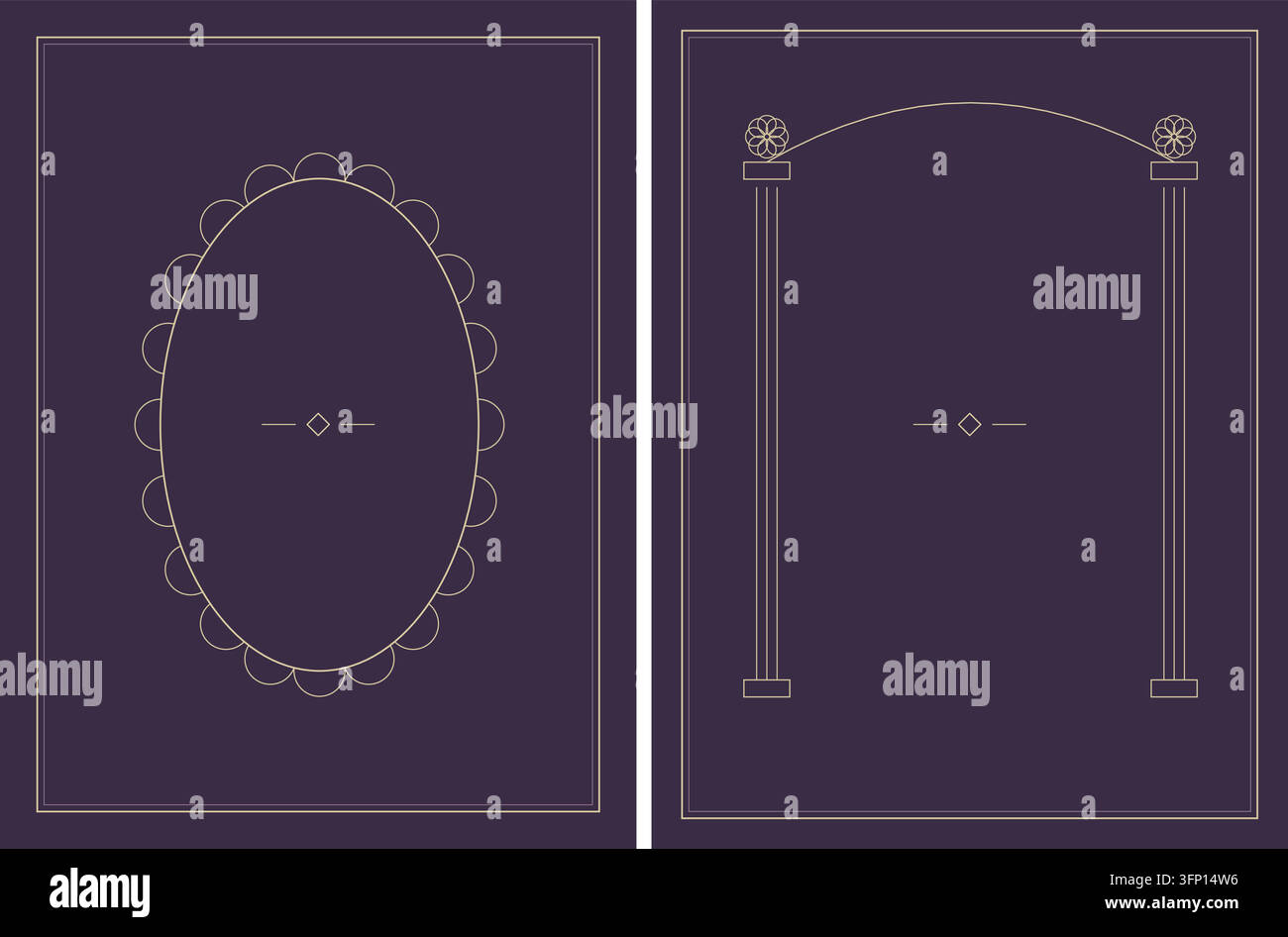 Modelli di copertina viola raffinati con delicate illustrazioni di archi floreali e disegni di bordi classici ornamentali Illustrazione Vettoriale