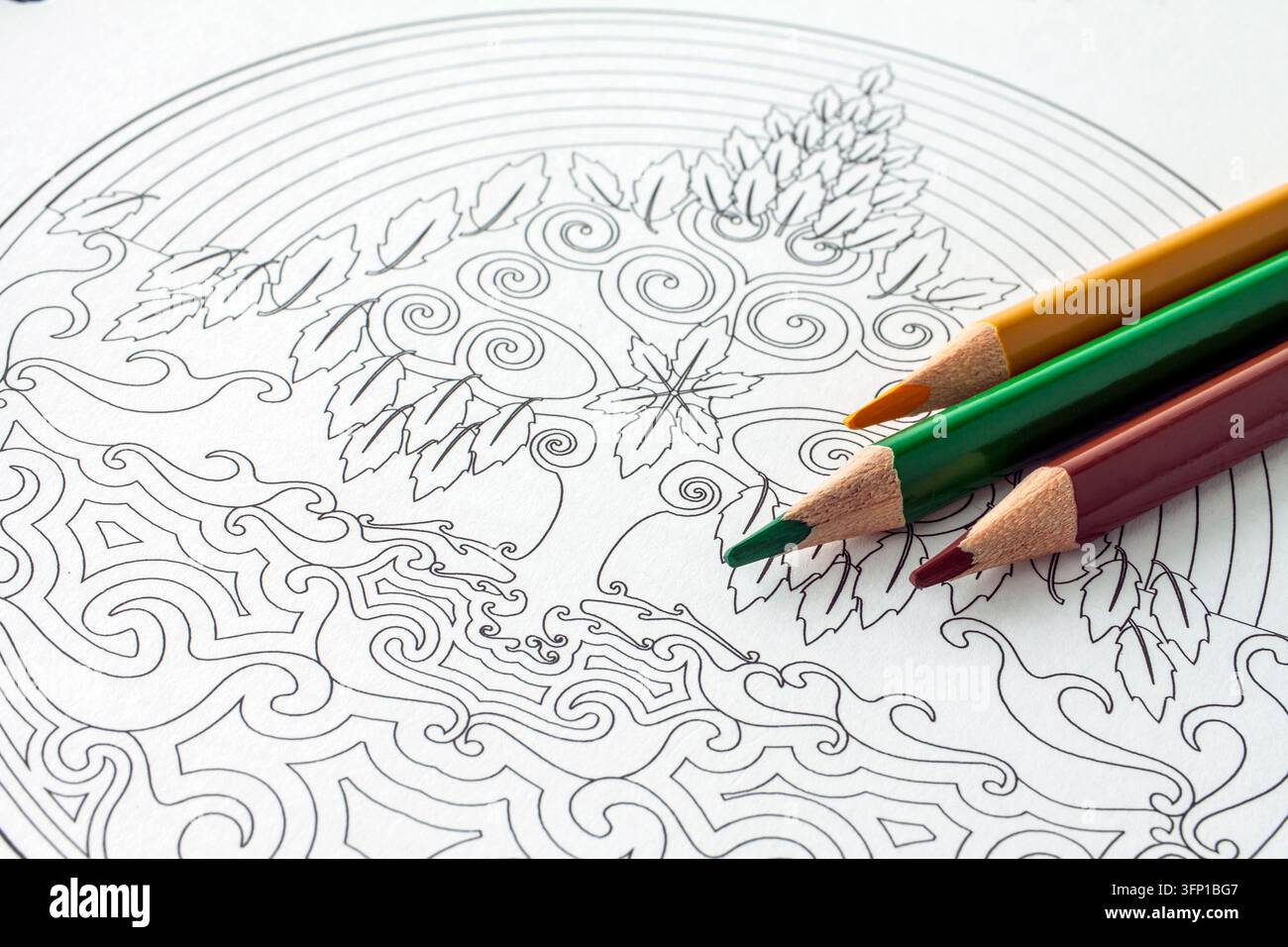 Matite colorate vivaci posate su una pagina di mandala vuota e intricata, composizione creativa per il colorare, il disegno, l'arte, il rilassamento, la consapevolezza Foto Stock