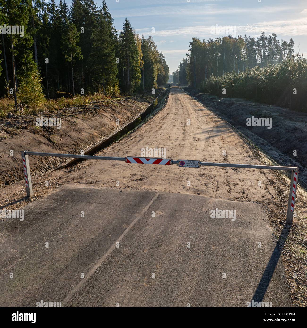 Strada forestale chiusa in costruzione con fossi di drenaggio e barriera Foto Stock