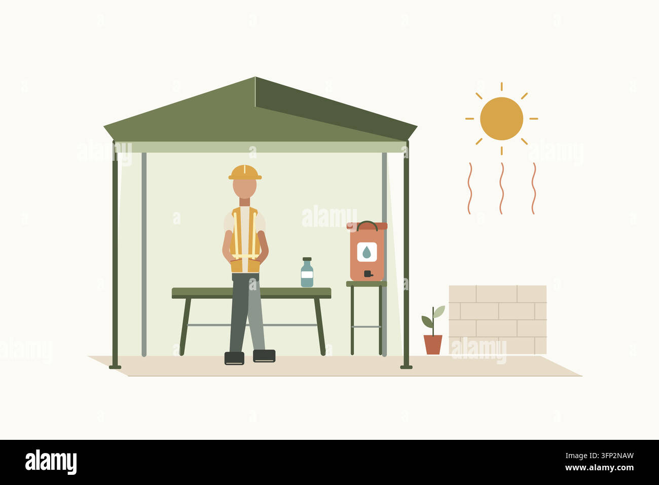 Illustrazione concettuale sulla prevenzione dello stress da calore che mostra un lavoratore all'aperto in piedi con casco e giubbotto ad alta visibilità sotto un parasole Illustrazione Vettoriale