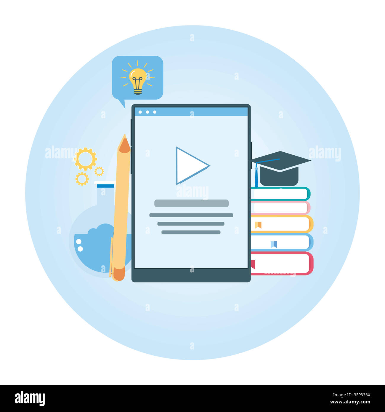 Apprendimento digitale con un tablet educativo, libri e un berretto accademico che mostra temi di e-learning. Illustrazione moderna vettoriale piatta Illustrazione Vettoriale