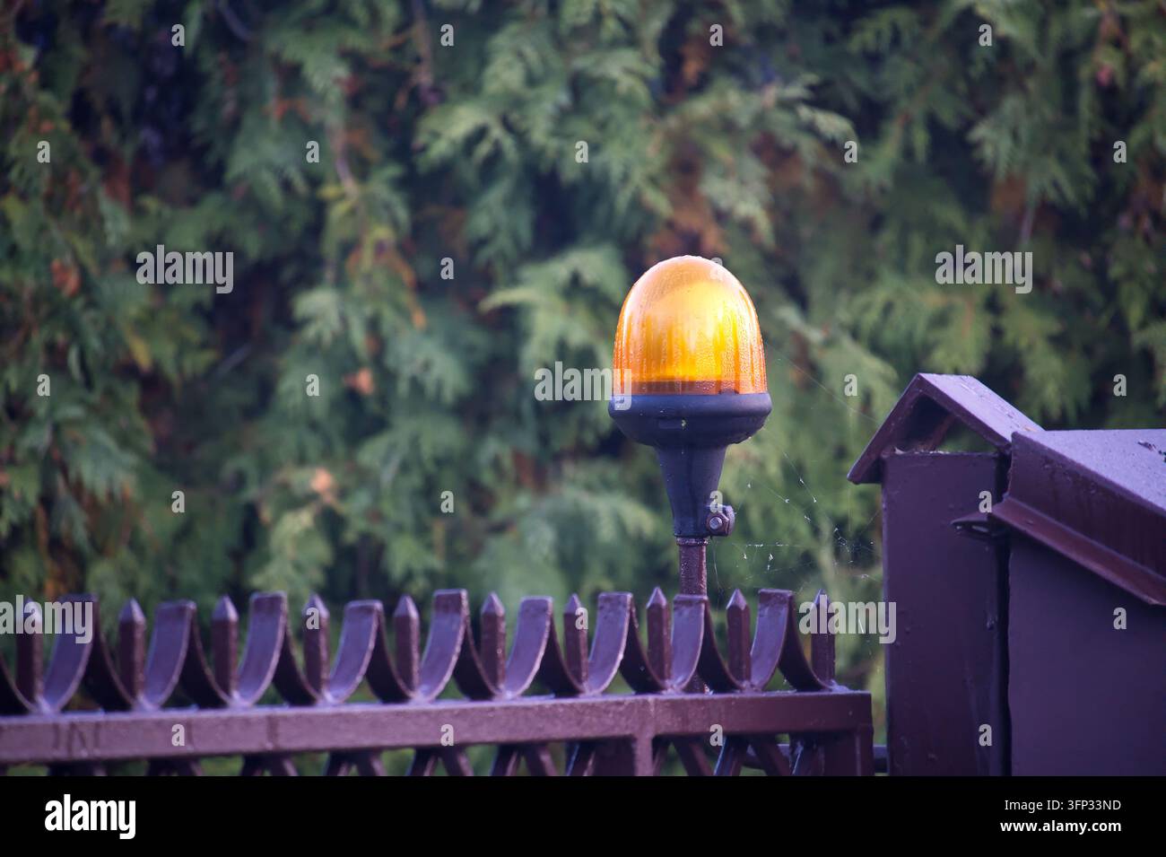 La lampada segnaletica arancione brillante si trova in cima a una struttura decorativa in ferro con un fogliame morbido che fornisce un contrasto naturale rispetto all'hardware industriale Foto Stock