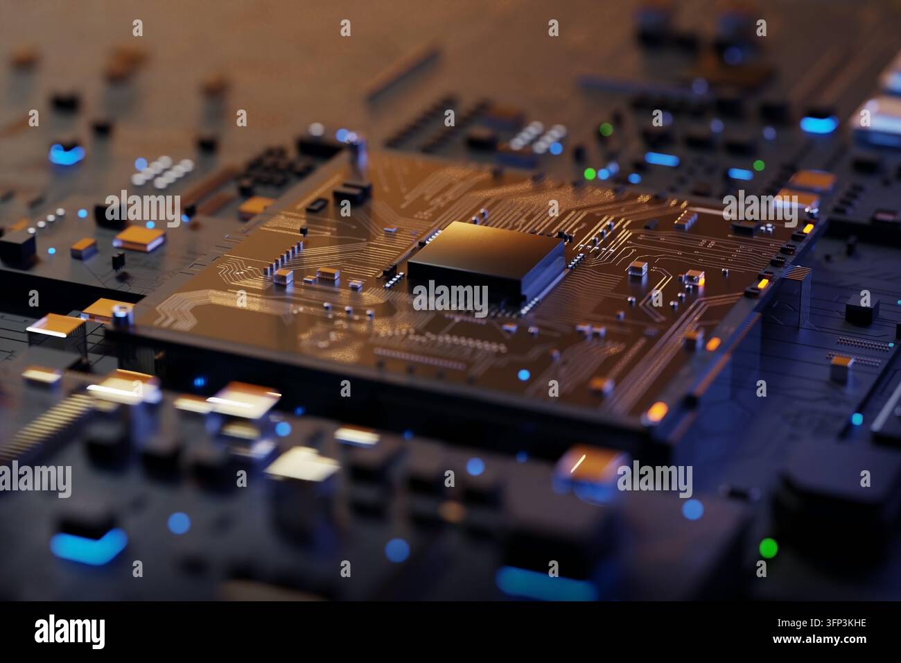 Microprocessore CPU futuristico e chipset su una scheda circuito dettagliata, illustrazione render 3D Foto Stock