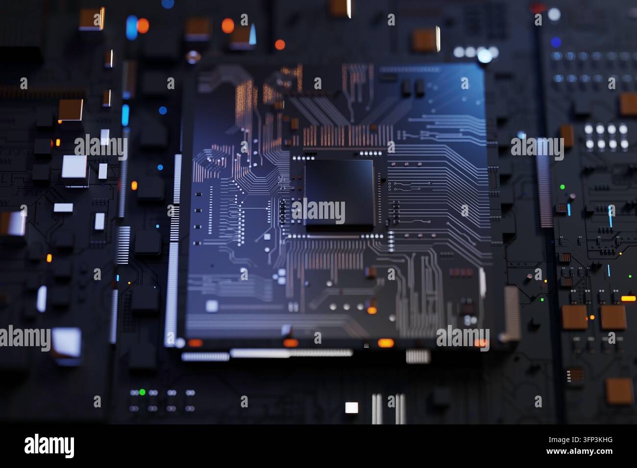 Microprocessore CPU futuristico e chipset su una scheda circuito dettagliata, illustrazione render 3D Foto Stock
