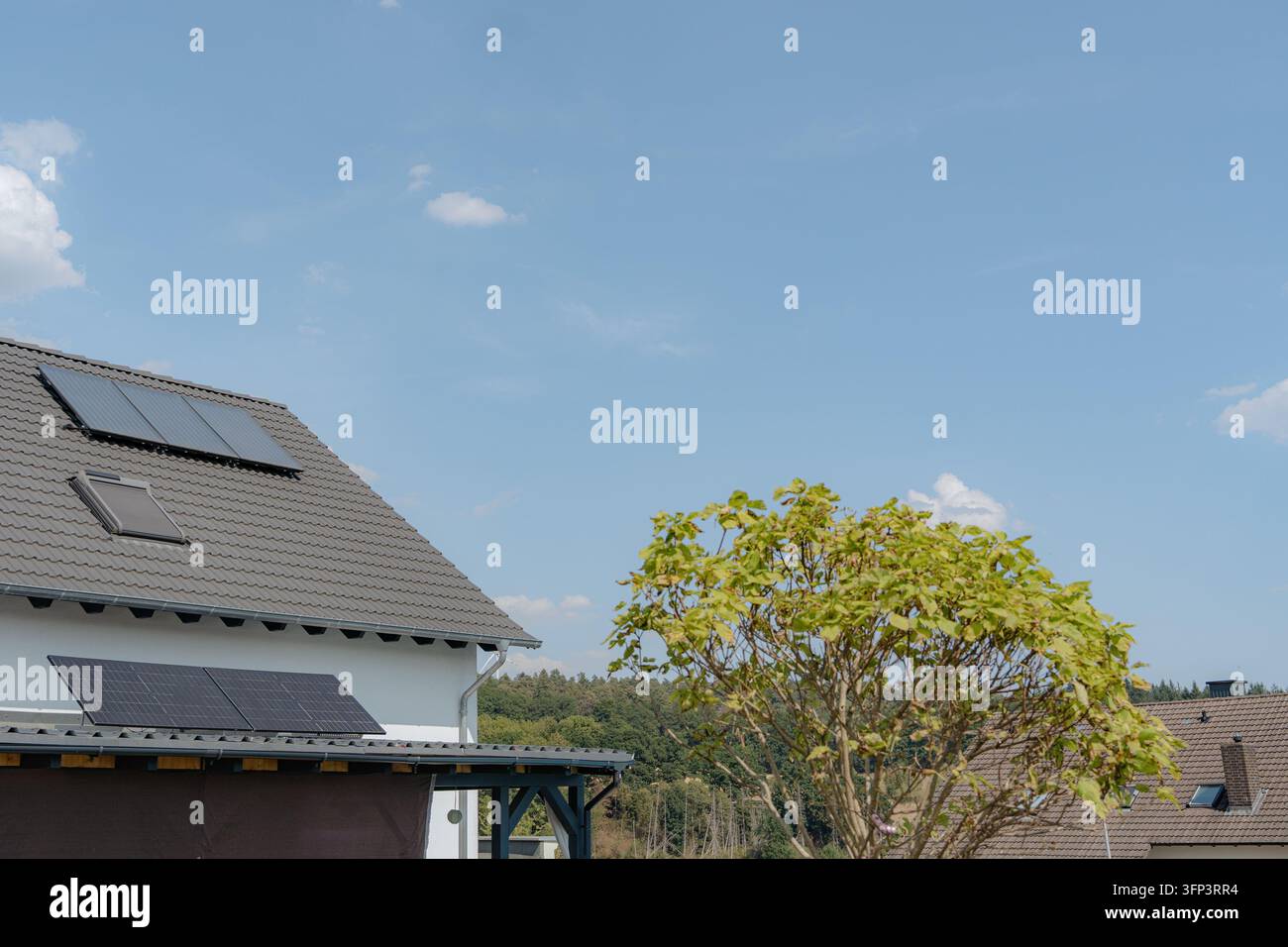 Panelli solari installati in modo fisso su un tetto residenziale, circondati da cieli sereni e vegetazione, creando un ambiente tranquillo ed ecologico per Foto Stock