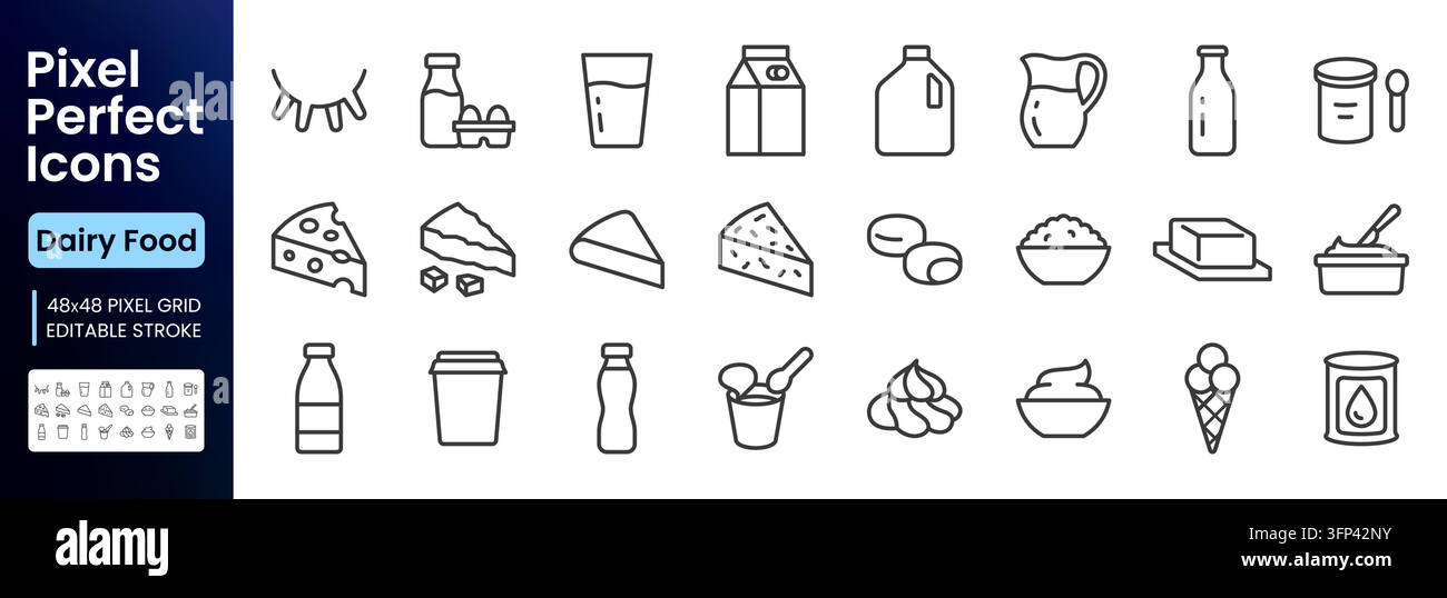 Set di icone per prodotti caseari. Alimenti caseari, formaggio fresco, yogurt con cucchiaio, burro, bicchiere d'acqua, simbolo di spremuta illustrazione vettoriale lineare minimale. Semplice Illustrazione Vettoriale
