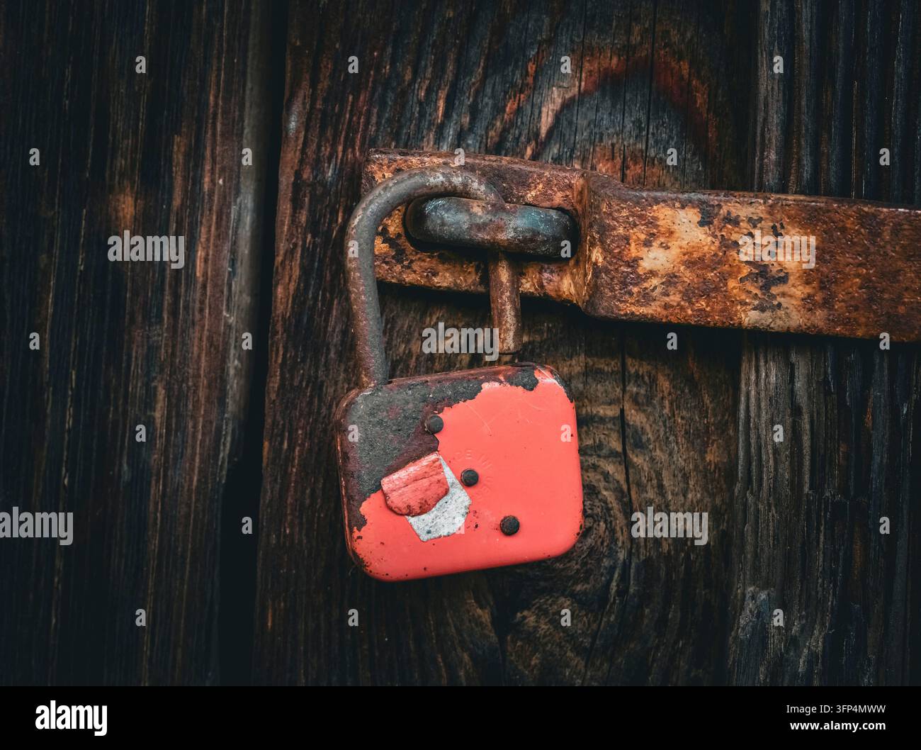 Lucchetto su una vecchia porta di legno Foto Stock