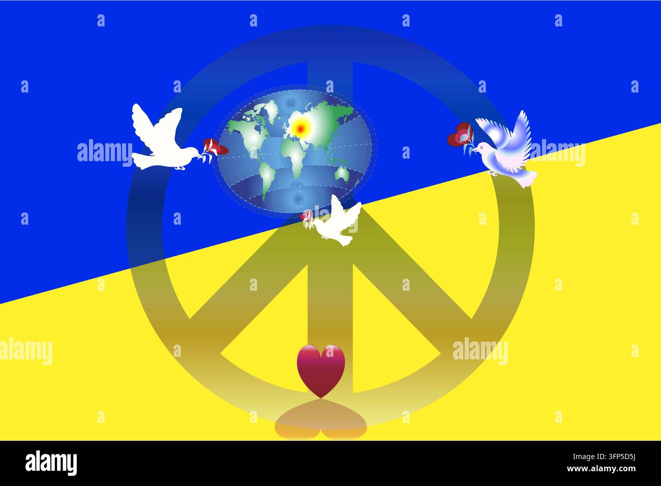 Illustrazione dell'amore per la pace sulla terra con colomba bianca con segno d'amore o segno a cuore nel mondo su sfondo blu sfumato. La mappa politica del mondo è una illn Foto Stock