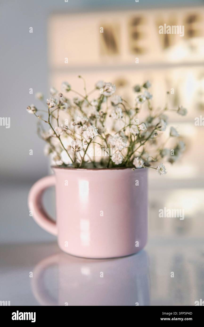 Tazza in ceramica rosa con fiori di gypsophila bianchi su tavolo riflettente, mattina accogliente, concetto di cura personale e motivazione sullo sfondo con spazio per il testo Foto Stock