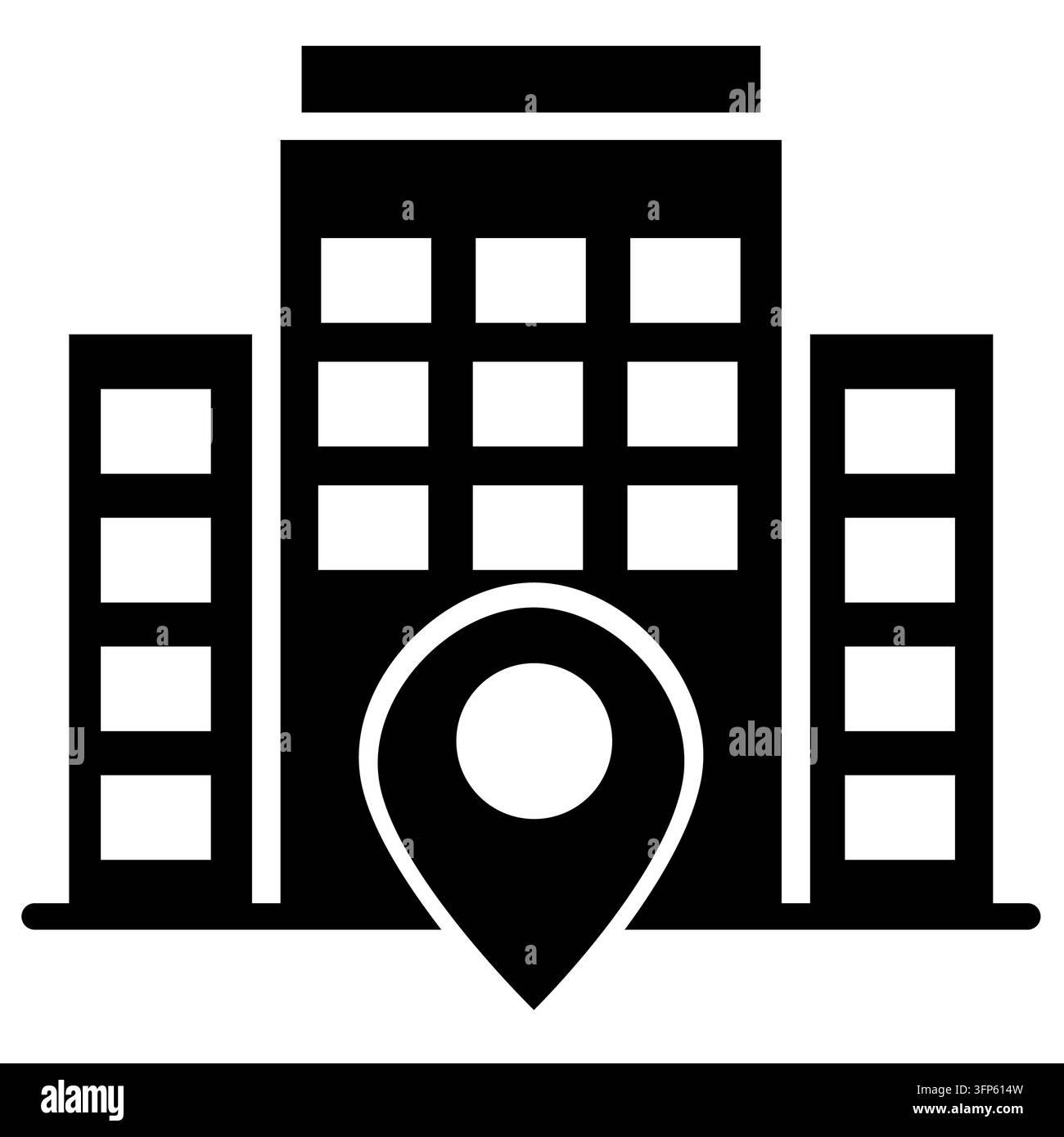 Posizione dell'edificio con icona di spilla della mappa. Insegna per la posizione strategica nel centro città. Edificio per uffici e simbolo di spilla della mappa. Stile piatto. Foto Stock