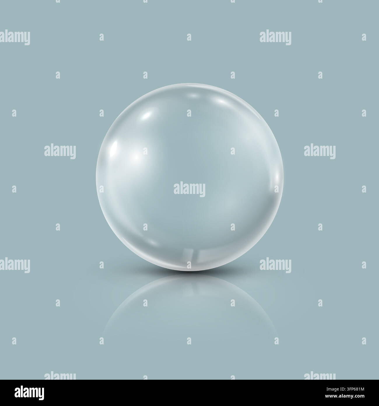 Sfera di vetro trasparente con riflessi morbidi su una superficie lucida blu chiaro. Illustrazione Vettoriale