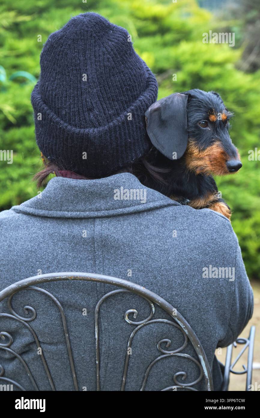 Donna con berretto seduta su una sedia di metallo, che tiene il suo cane con i capelli in un giardino verde Foto Stock