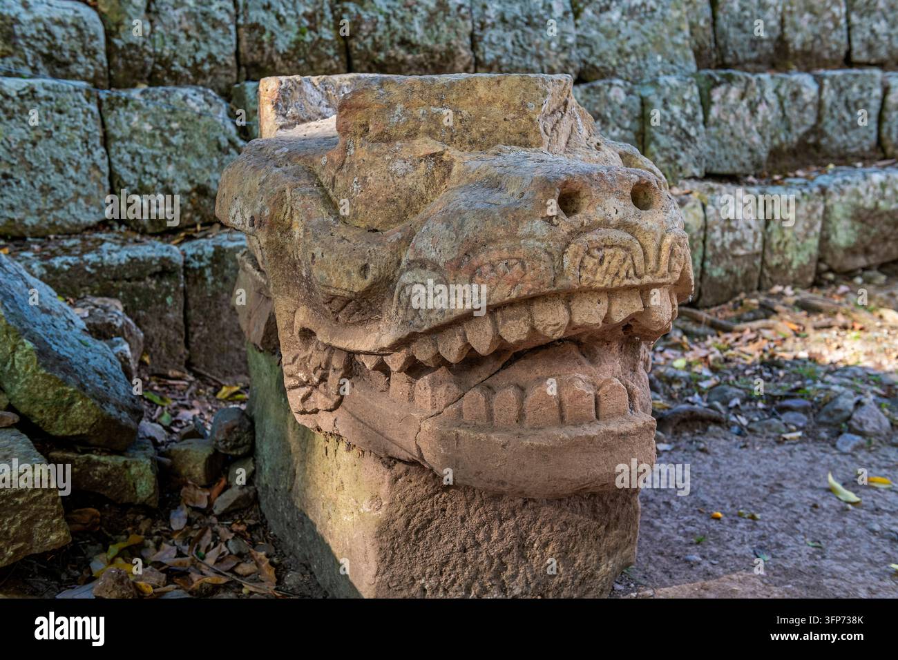 Statua del serpente piumato nella città maya di Copan, Honduras. Foto Stock