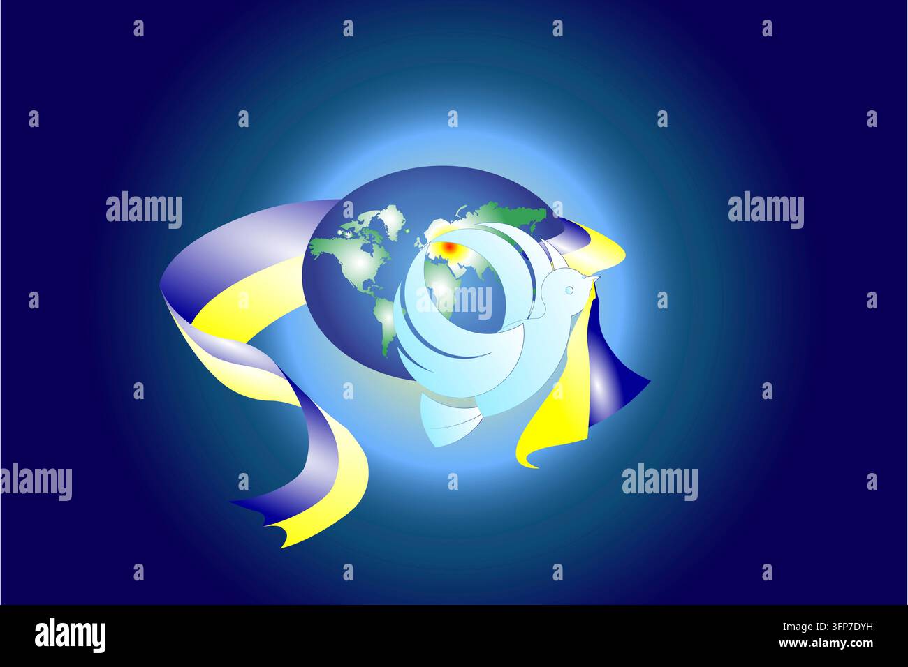 Illustrazione dell'amore per la pace sulla terra con colomba bianca con segno d'amore o segno a cuore nel mondo su sfondo blu sfumato. La mappa politica del mondo è una illn Foto Stock