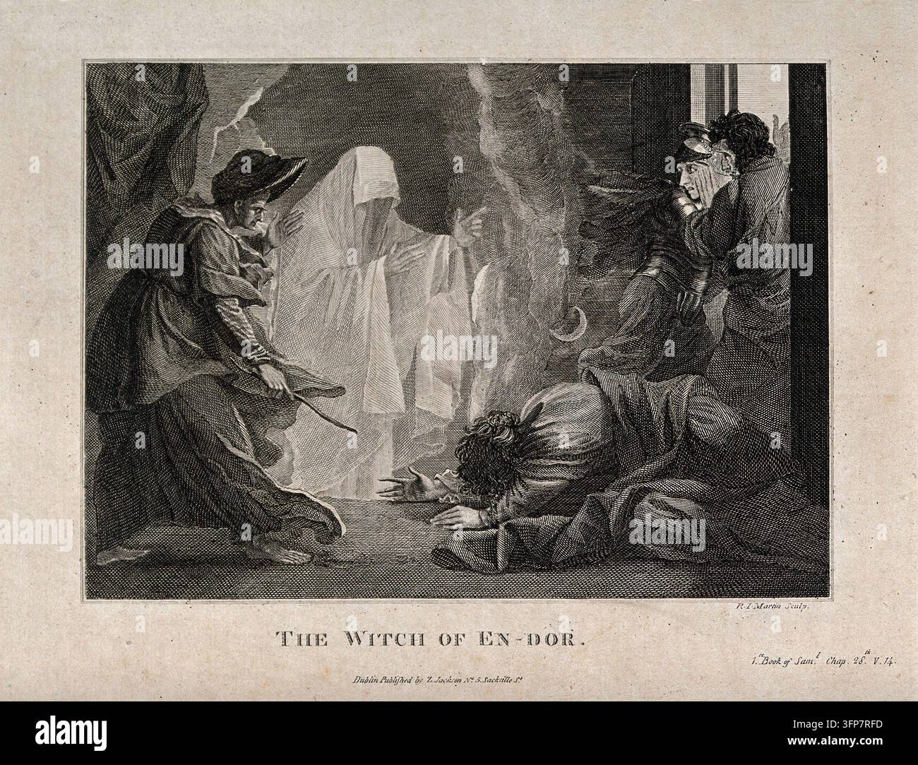 La strega di Endor evoca il fantasma di Samuele su richiesta di Saul, che giace pietrificato a terra. Incisione di R.I. Martin dopo B. West Foto Stock